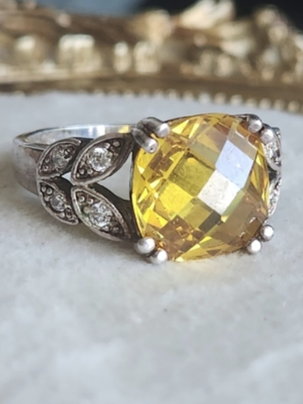 Vintage Yellow Crystal Ring with Silver Leaf Accents